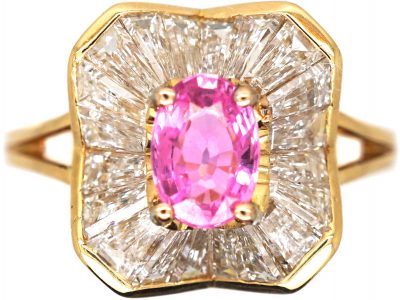 1950s Ballerina Ring set with a Pink Sapphire & Baguette Diamonds