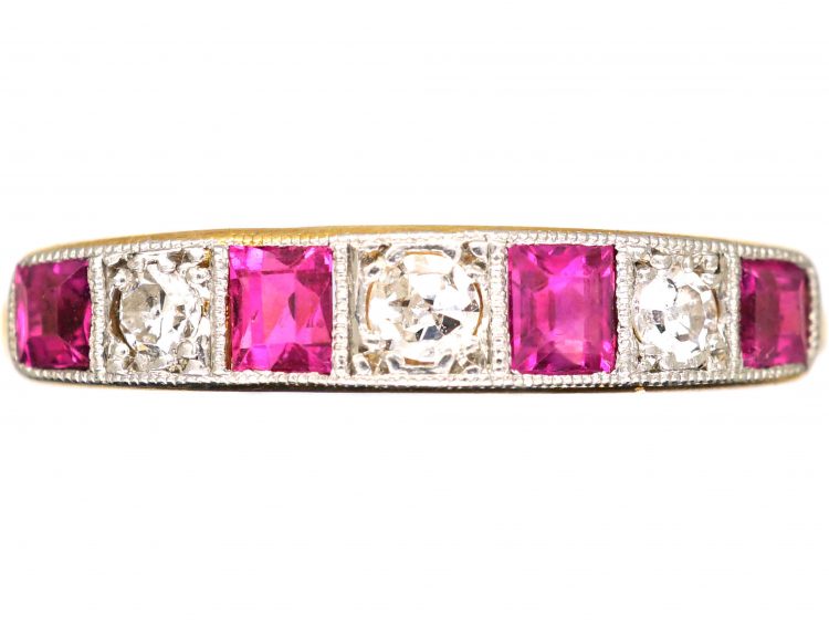 Art Deco 18ct Gold & Platinum, Ruby & Diamond Six Stone Ring