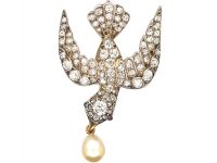 Victorian Dove of Peace Pendant set with Diamonds with a Pearl Drop