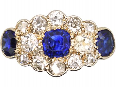 Early 20th Century 18ct Gold, Three Stone Sapphire & Diamond Cluster Ring