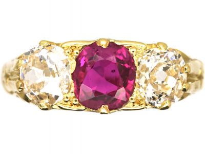 Victorian 18ct Gold, Ruby & Diamond Three Stone Carved Half Hoop Ring