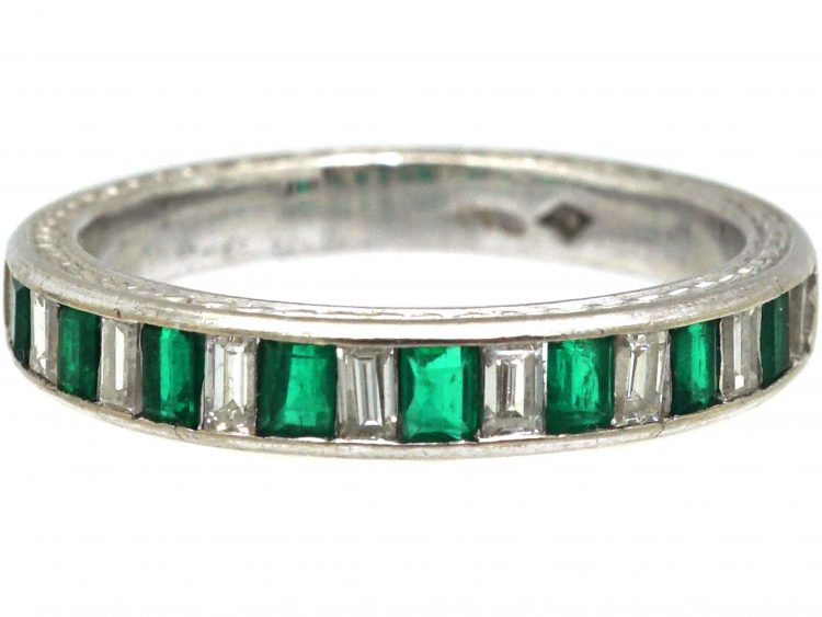 Art Deco Platinum Half Eternity Ring set with Baguette Emeralds & Baguette Diamonds
