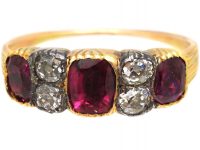 Georgian 18ct Gold & Silver Three Stone Ruby Ring with Diamonds In Between