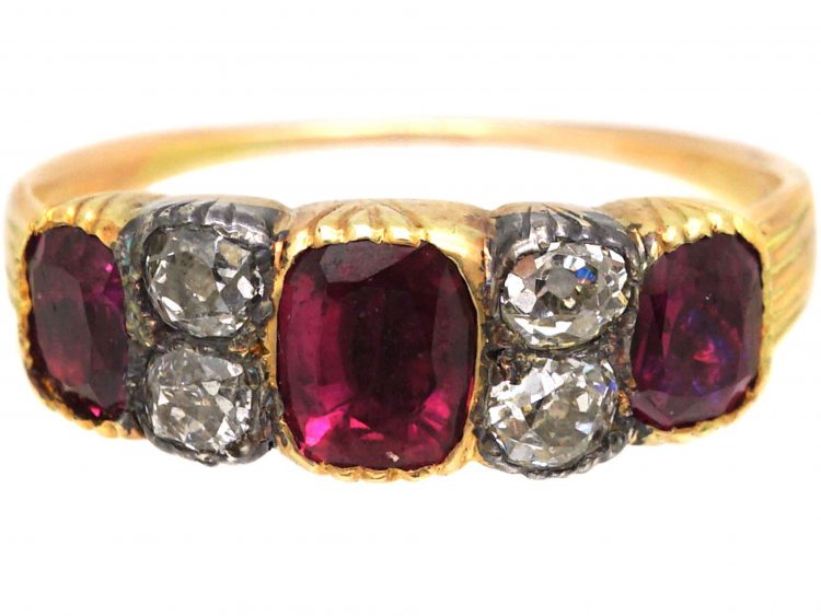 Georgian 18ct Gold & Silver Three Stone Ruby Ring with Diamonds In Between