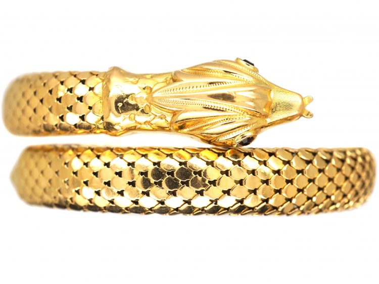18ct Gold Snake Bangle with Garnet Eyes