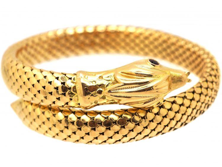 18ct Gold Snake Bangle with Garnet Eyes