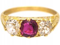 Victorian 18ct Gold, Ruby & Diamond Three Stone Carved Half Hoop Ring
