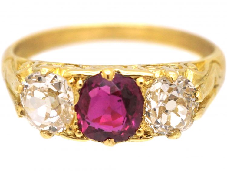 Victorian 18ct Gold, Ruby & Diamond Three Stone Carved Half Hoop Ring