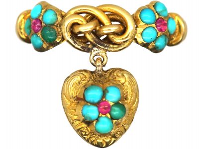 Regency 15ct Gold Knot & Heart Ring set with Rubies & Turquoise