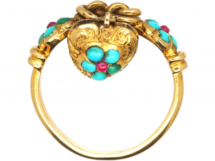 Regency 15ct Gold Knot & Heart Ring set with Rubies & Turquoise
