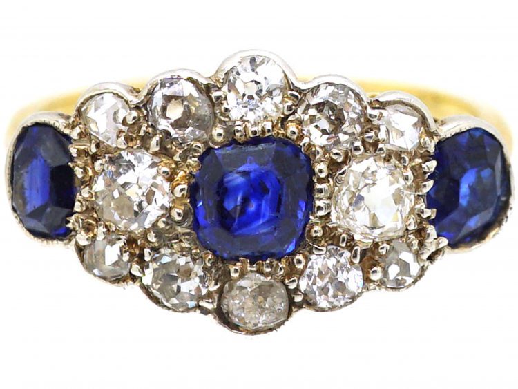 Early 20th Century 18ct Gold, Three Stone Sapphire & Diamond Cluster Ring