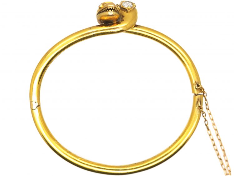 Victorian 18ct Gold Double Snake Bangle set with a Diamond & a Sapphire with Rose Diamond Eyes