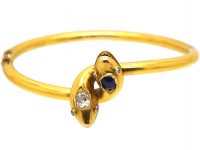 Victorian 18ct Gold Double Snake Bangle set with a Diamond & a Sapphire with Rose Diamond Eyes