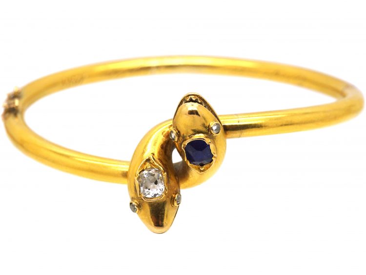 Victorian 18ct Gold Double Snake Bangle set with a Diamond & a Sapphire with Rose Diamond Eyes
