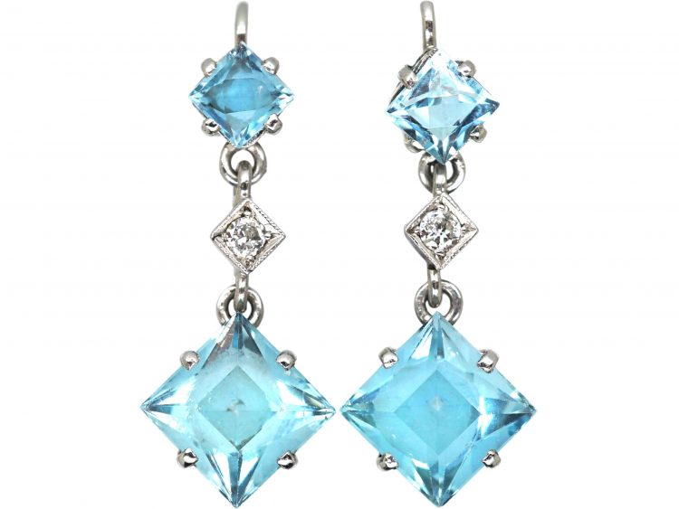 Art Deco 18ct White Gold Drop Earrings set with Aquamarines & Diamonds
