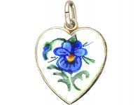Norwegian Silver & Enamel Heart Pendant with Gentian Motif by Aksel Holmsen