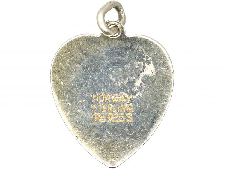 Norwegian Silver & Enamel Heart Pendant with Gentian Motif by Aksel Holmsen
