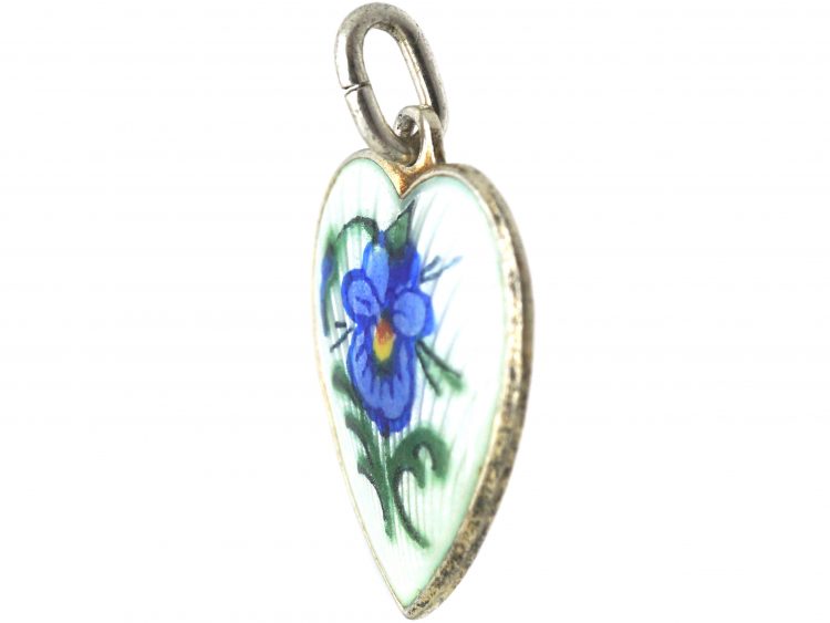 Norwegian Silver & Enamel Heart Pendant with Gentian Motif by Aksel Holmsen