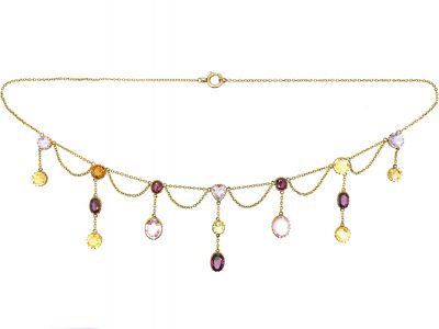Edwardian 15ct Gold Harlequin Fringe Necklace with Heart Shaped Centre Gemstone