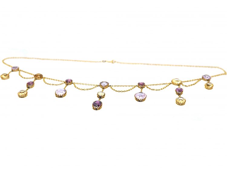 Edwardian 15ct Gold Harlequin Fringe Necklace with Heart Shaped Centre Gemstone
