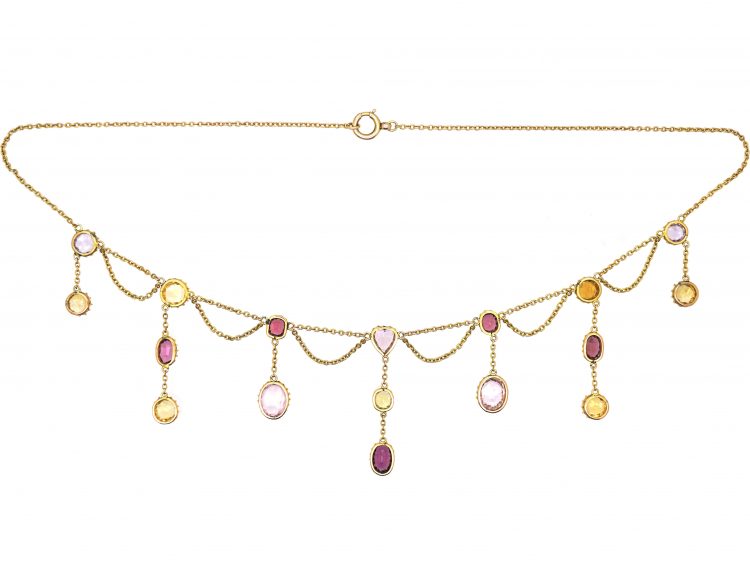 Edwardian 15ct Gold Harlequin Fringe Necklace with Heart Shaped Centre Gemstone