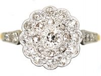 Edwardian 18ct Gold & Platinum Diamond Cluster Ring with Diamond Set Shoulders