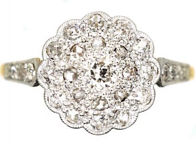 Edwardian 18ct Gold & Platinum Diamond Cluster Ring with Diamond Set Shoulders