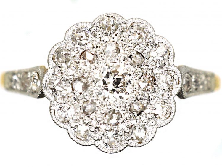 Edwardian 18ct Gold & Platinum Diamond Cluster Ring with Diamond Set Shoulders