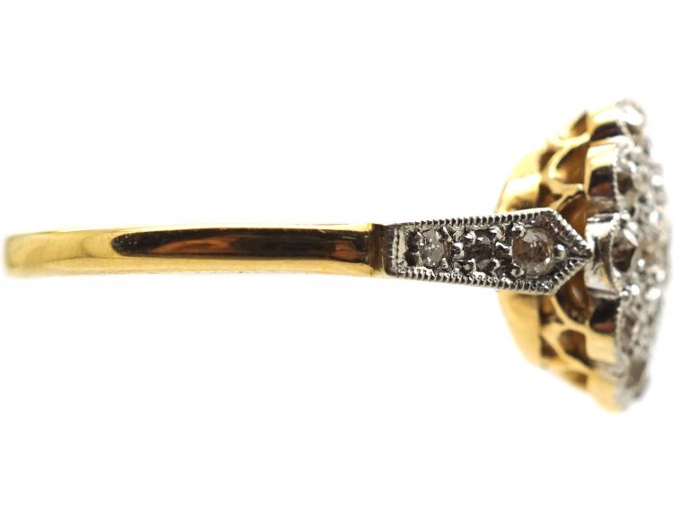 Edwardian 18ct Gold & Platinum Diamond Cluster Ring with Diamond Set Shoulders