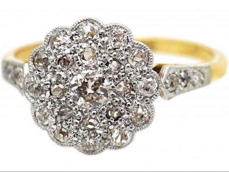 Edwardian 18ct Gold & Platinum Diamond Cluster Ring with Diamond Set Shoulders