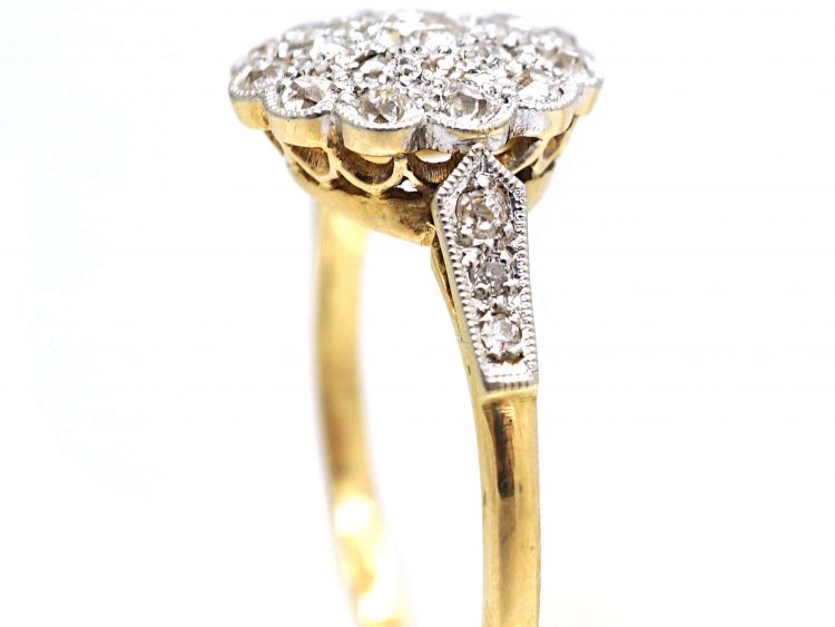 Edwardian 18ct Gold & Platinum Diamond Cluster Ring with Diamond Set Shoulders