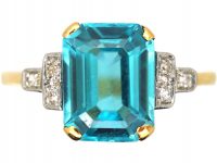 Art Deco 18ct Gold & Platinum, Rectangular Cut Zircon Ring with Diamond Set Shoulders