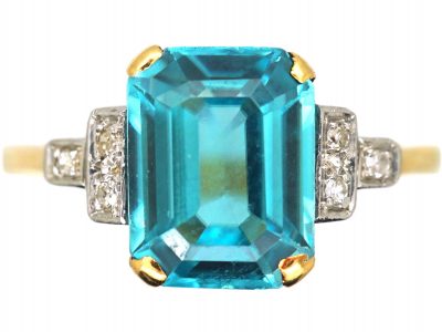 Art Deco 18ct Gold & Platinum, Rectangular Cut Zircon Ring with Diamond Set Shoulders