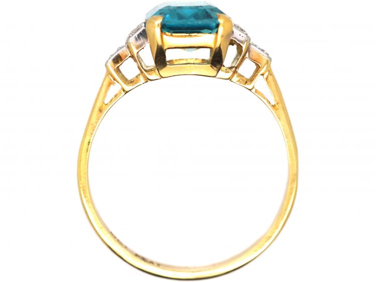 Art Deco 18ct Gold & Platinum, Rectangular Cut Zircon Ring with Diamond Set Shoulders