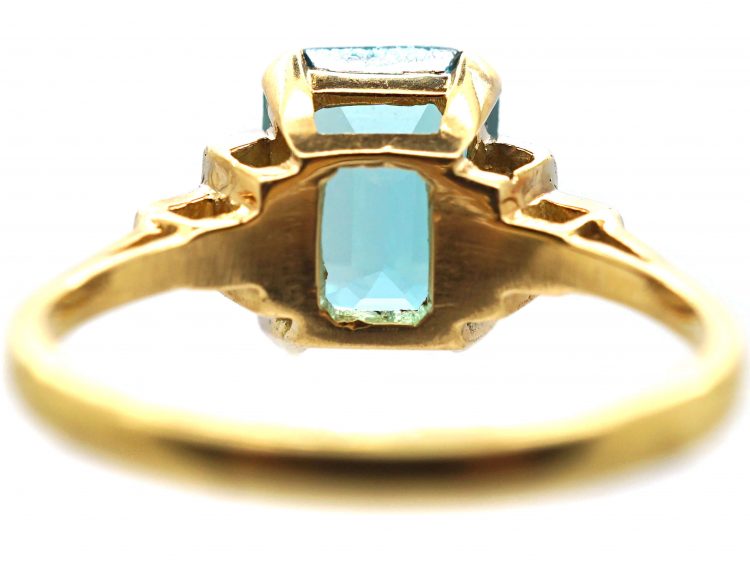 Art Deco 18ct Gold & Platinum, Rectangular Cut Zircon Ring with Diamond Set Shoulders