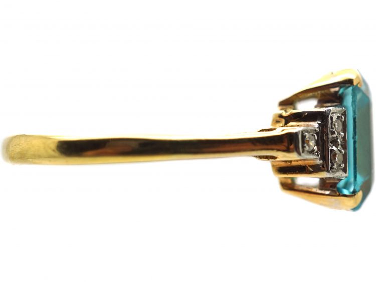 Art Deco 18ct Gold & Platinum, Rectangular Cut Zircon Ring with Diamond Set Shoulders