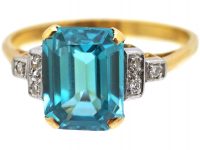 Art Deco 18ct Gold & Platinum, Rectangular Cut Zircon Ring with Diamond Set Shoulders