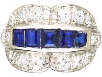 Art Deco Platinum Double Buckle Ring set with Calibre Sapphires & Diamonds