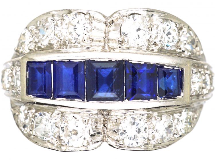 Art Deco Platinum Double Buckle Ring set with Calibre Sapphires & Diamonds