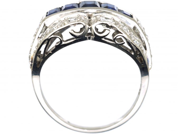 Art Deco Platinum Double Buckle Ring set with Calibre Sapphires & Diamonds