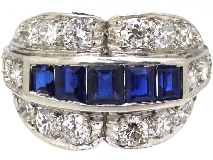 Art Deco Platinum Double Buckle Ring set with Calibre Sapphires & Diamonds