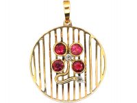 Art Deco 15ct Gold Round Pendant with Ruby & Rose Diamond Flower