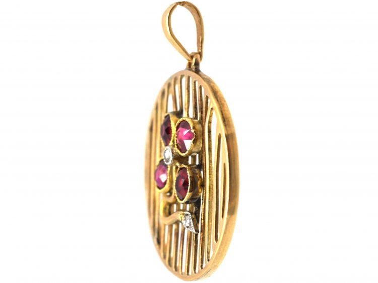 Art Deco 15ct Gold Round Pendant with Ruby & Rose Diamond Flower