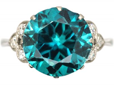 Art Deco 18ct White Gold & Platinum Ring set with a Large Zircon with Diamond Set Shoulders