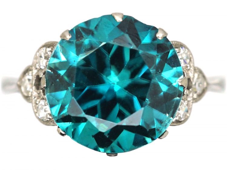 Art Deco 18ct White Gold & Platinum Ring set with a Large Zircon with Diamond Set Shoulders