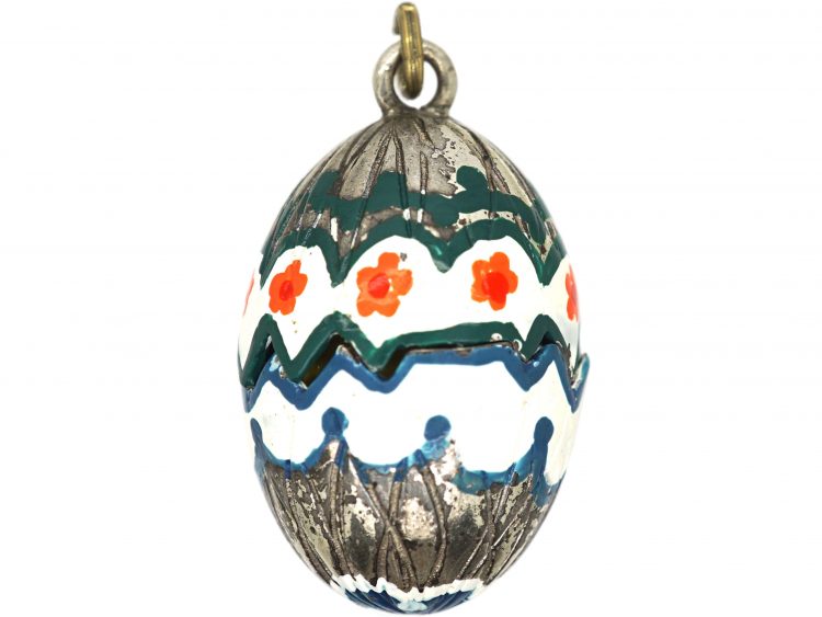 1950s Silver Plated & Enamel Egg Pendant with Chicken Inside