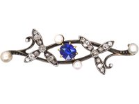 Edwardian Sapphire, Diamond & Natural Pearl Botanical Brooch