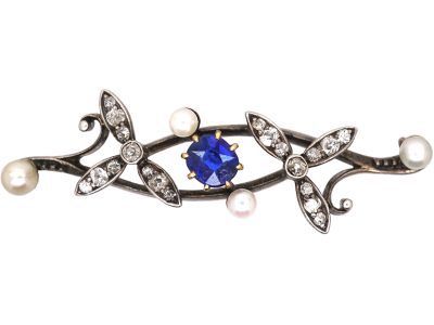 Edwardian Sapphire, Diamond & Natural Pearl Botanical Brooch