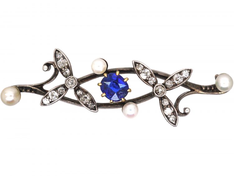 Edwardian Sapphire, Diamond & Natural Pearl Botanical Brooch