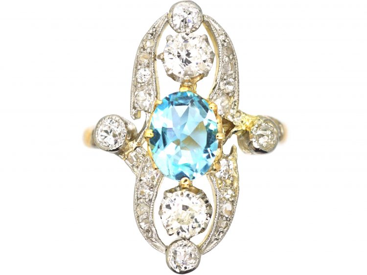 Edwardian 18ct Gold & Platinum, Aquamarine & Diamond Ring